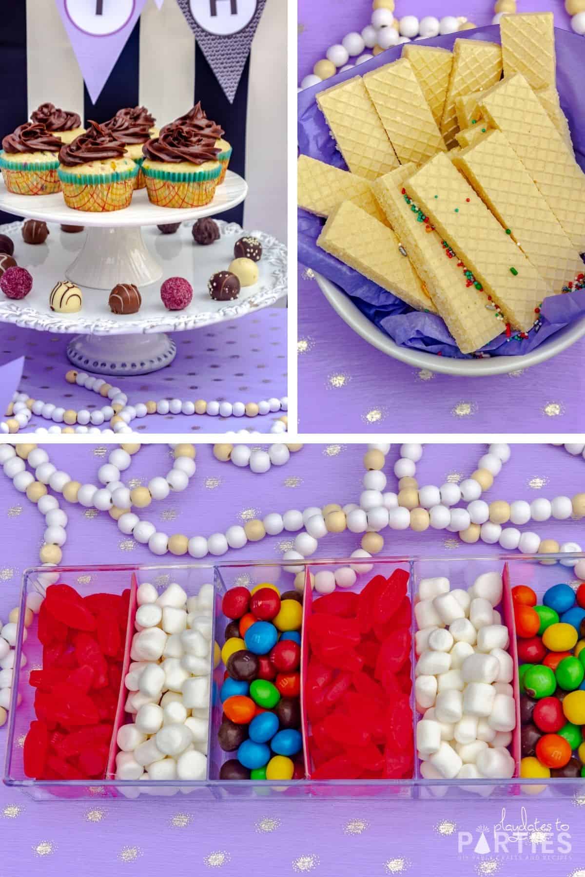 collage of sweet treats for a birthday party including swedish fish, mini marshmallows, M&Ms, chocolate truffles, sugar wafer cookies, and homemade cupcakes