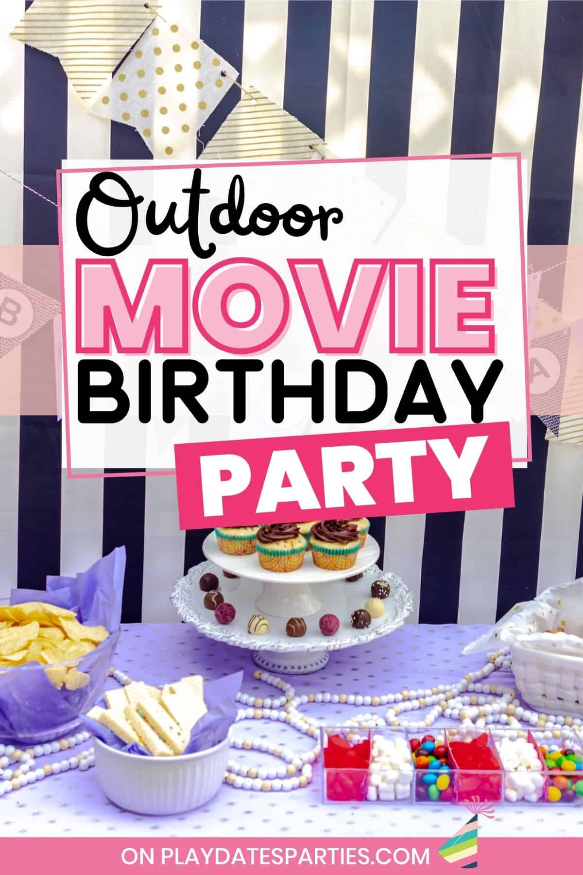 Dessert table setup with a purple and black color theme and a text overlay Outdoor Movie Birthday Party