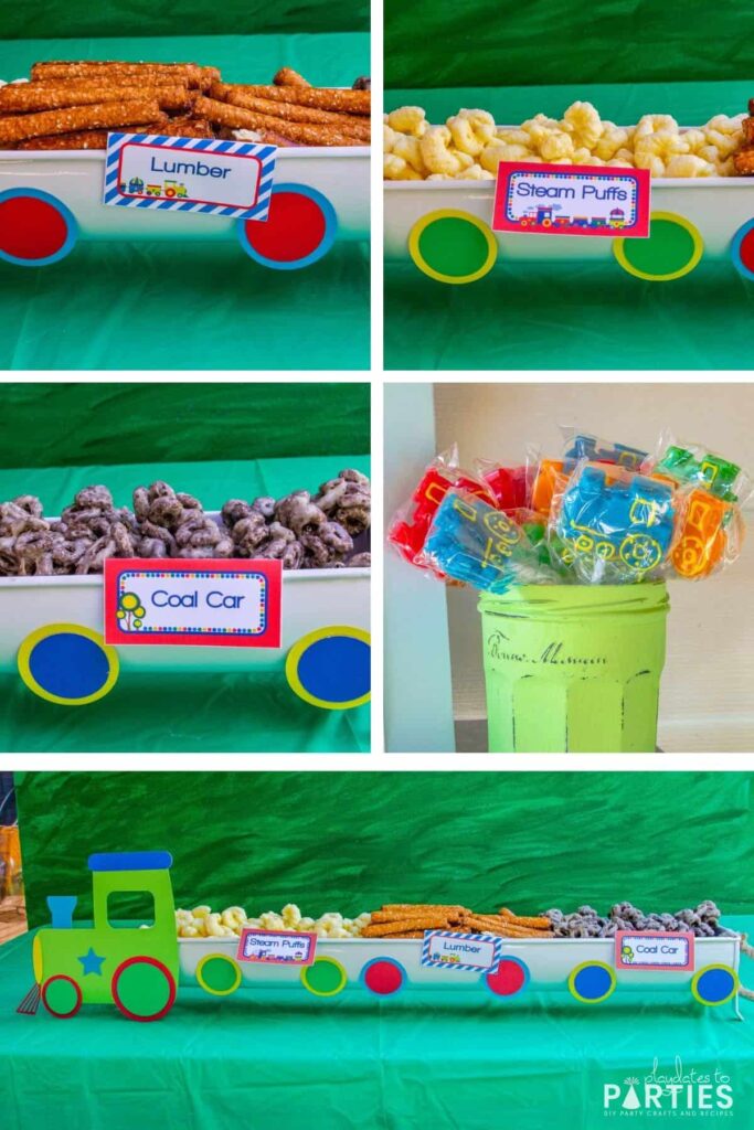 collage of party food: coal car, lollipops in a green painted jar, steam puffs, and pretzel rods as lumber