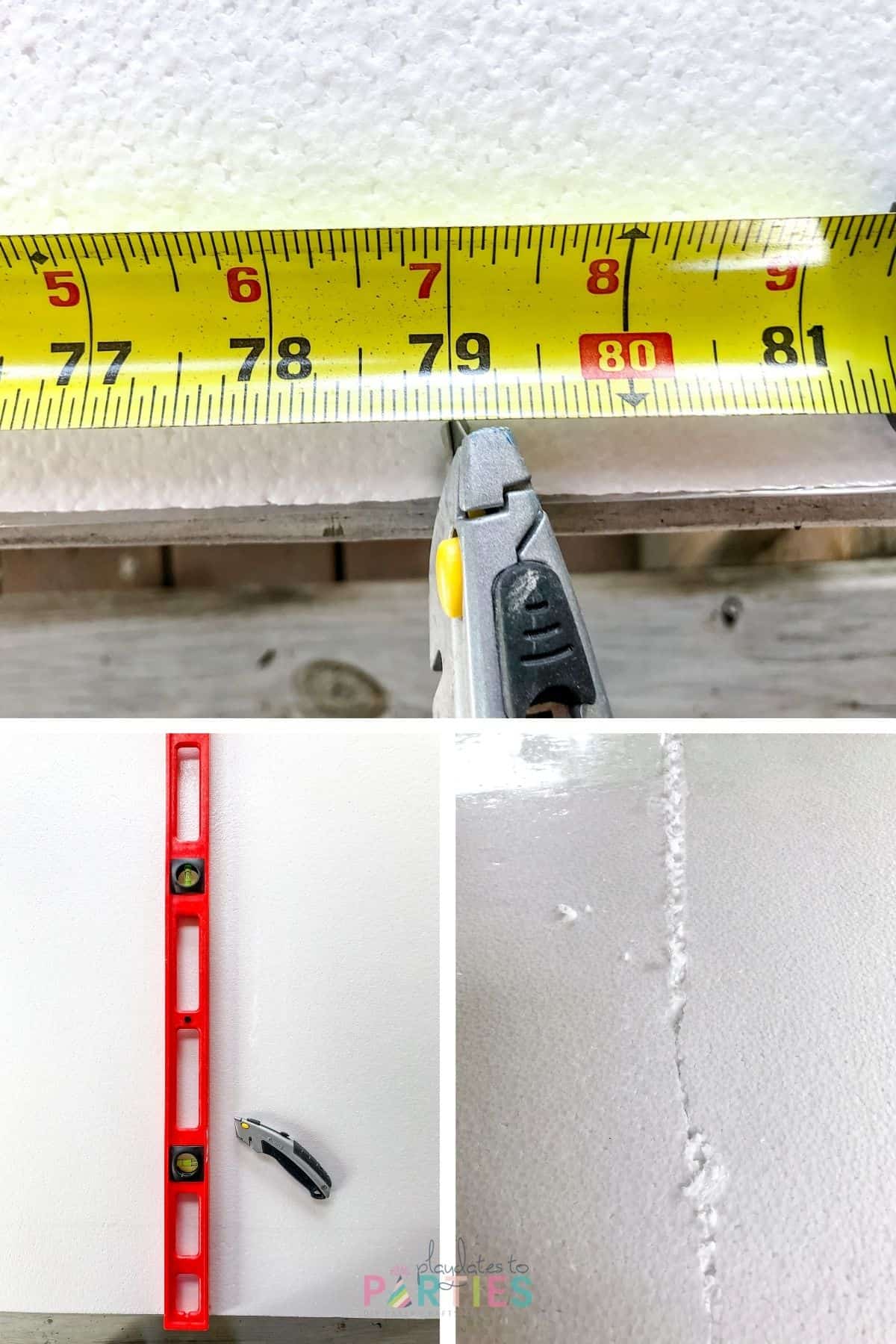collage showing the steps for cutting down a polystyrene board to fit a backdrop frame