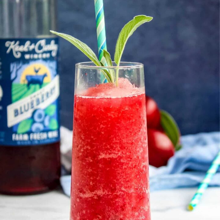 front view of a red wine slushie with a bottle of blueberry wine and fresh plums behind it