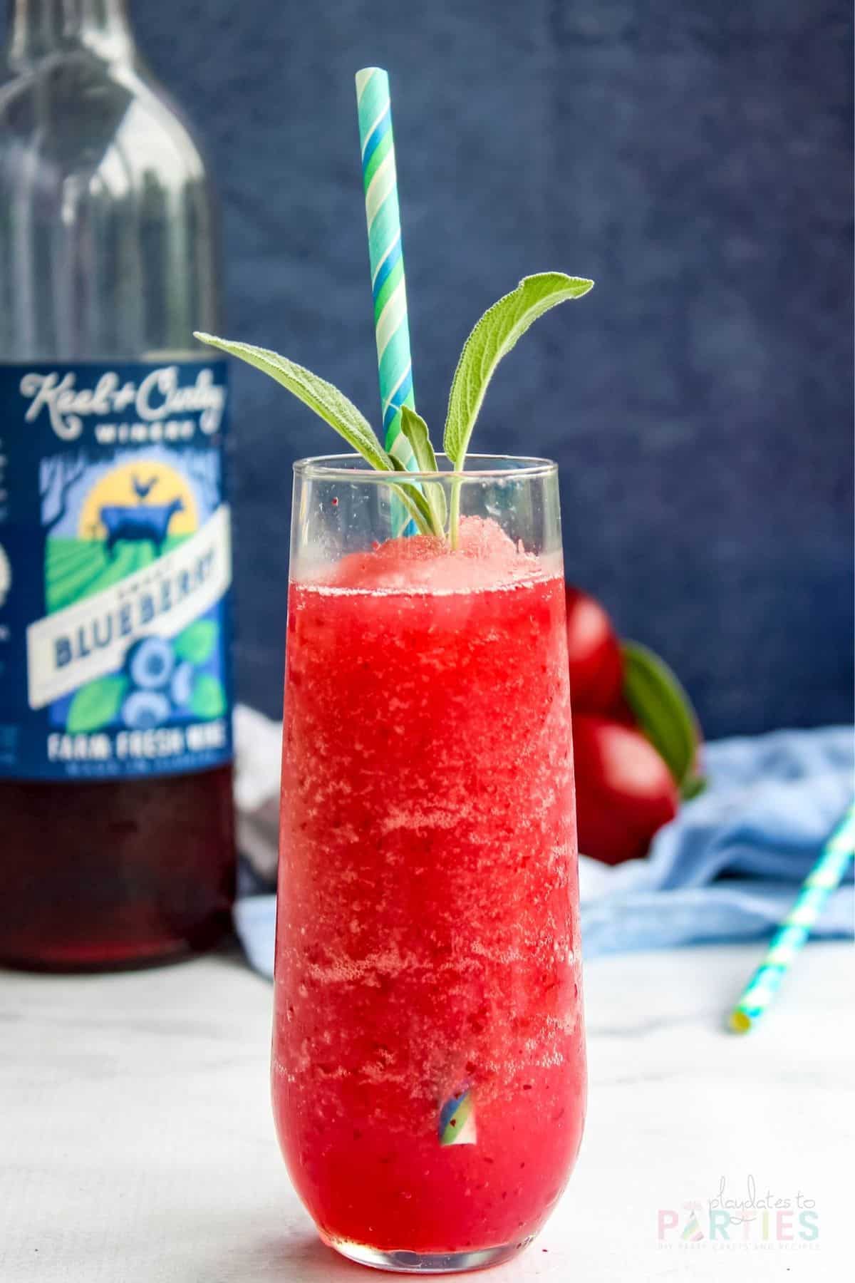 front view of a red wine slushie with a bottle of blueberry wine and fresh plums behind it