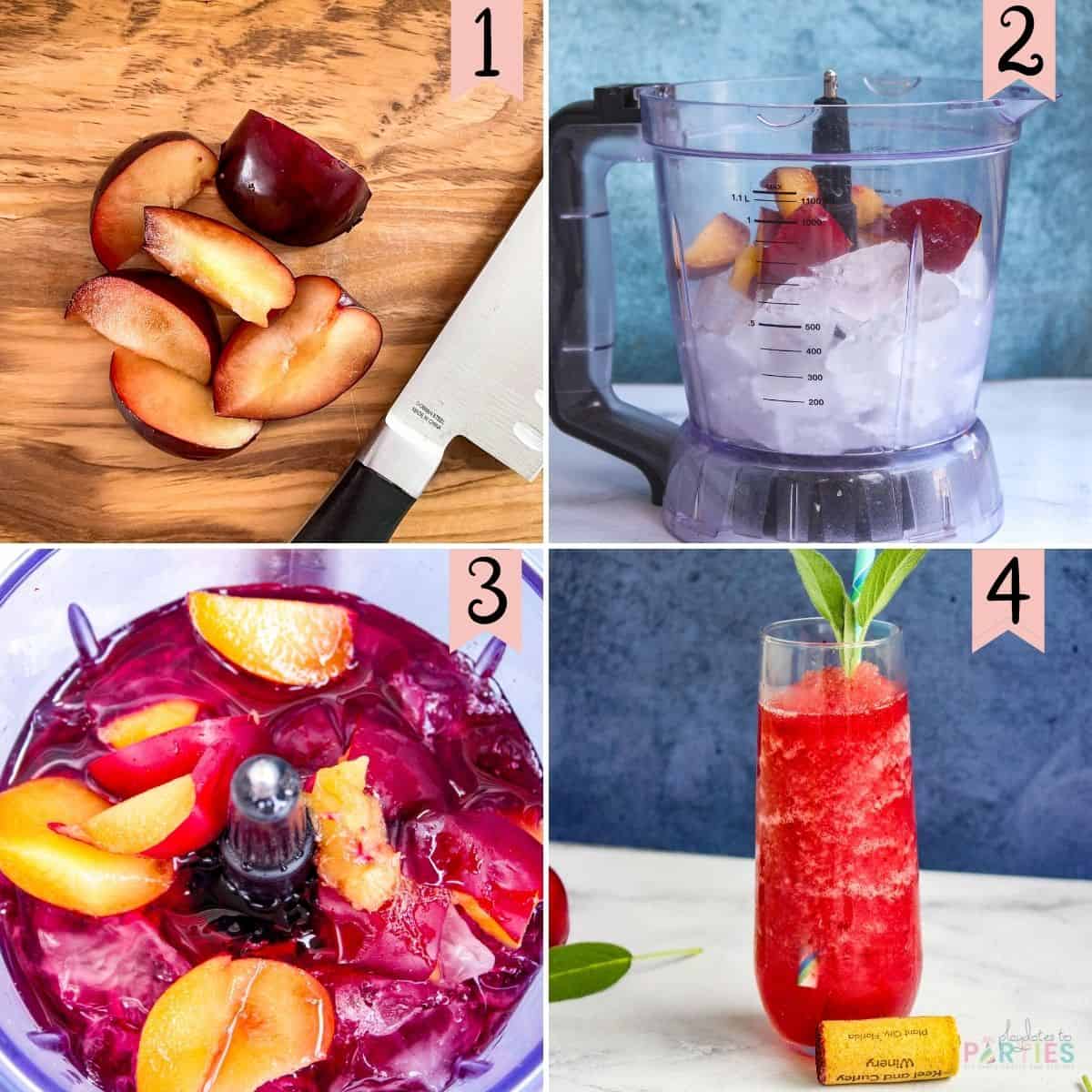 Collage of step by step photos to make blueberry wine slushies with fresh pears