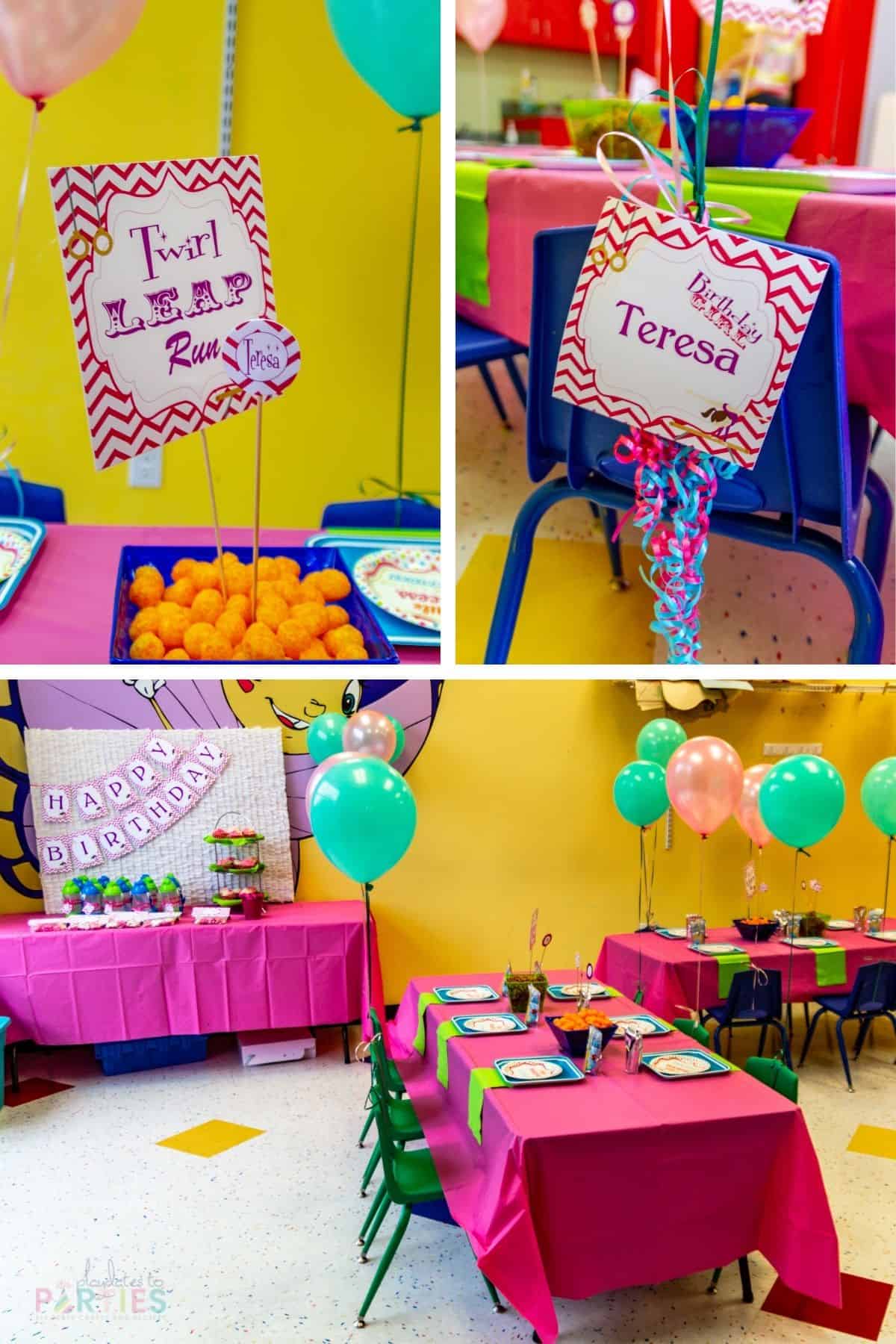 collage of bright and colorful birthday party decorations at a party venue