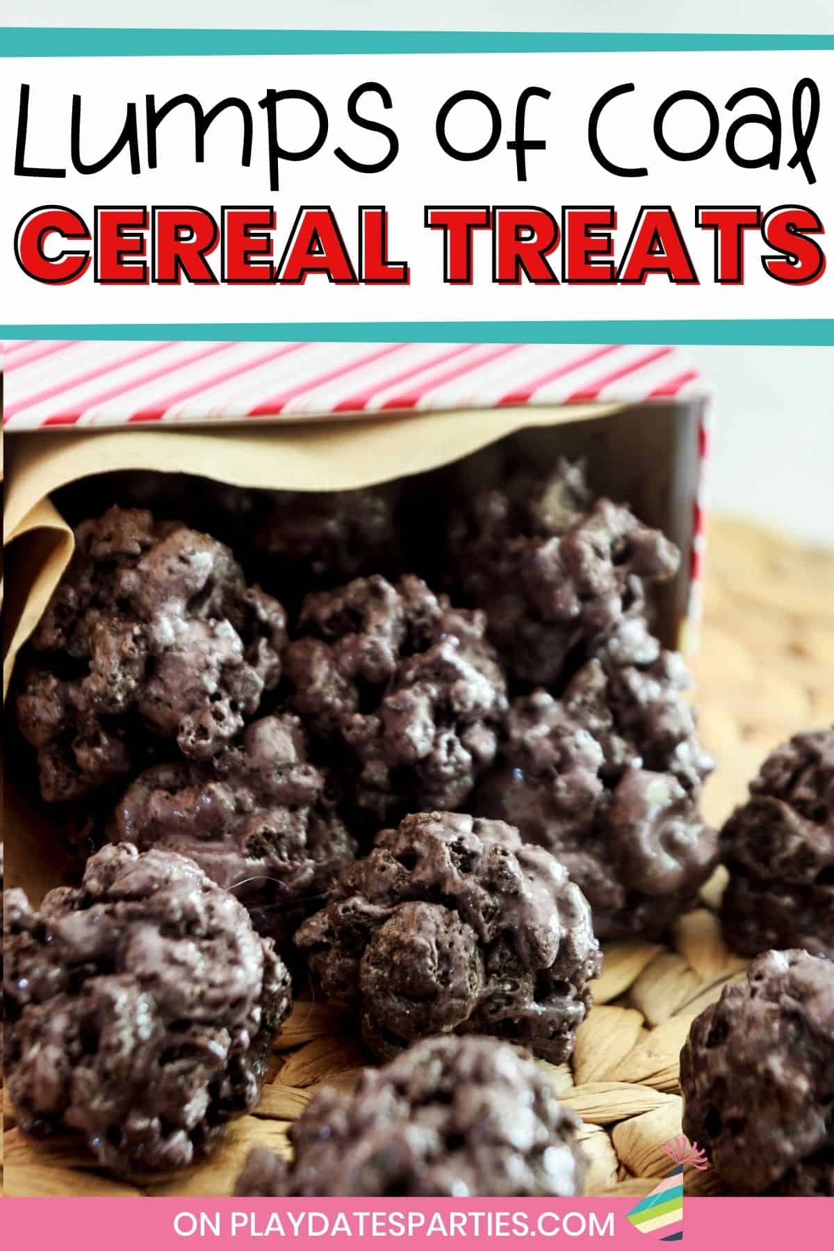 close up of black cereal treats with text overlay lumps of coal cereal treats