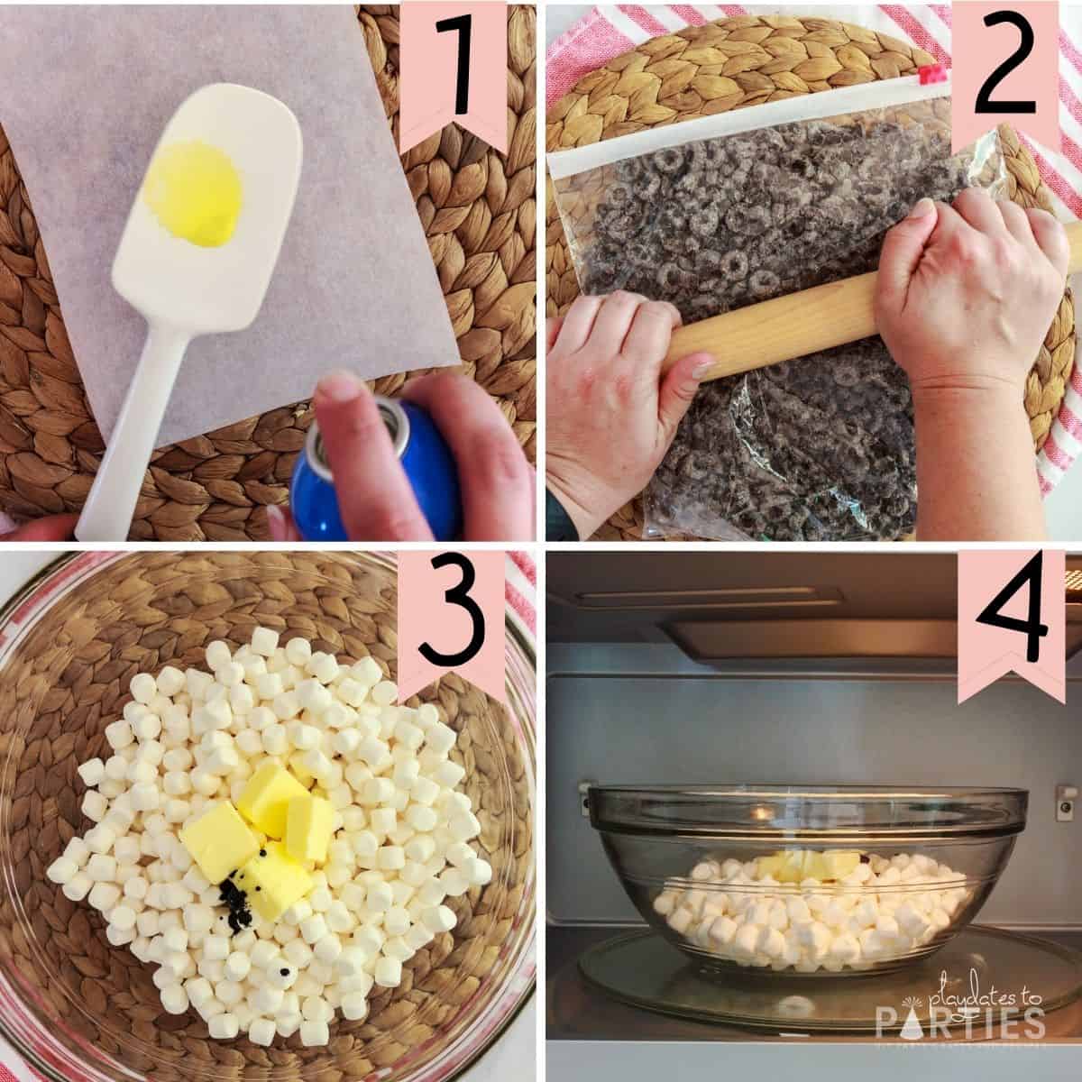 steps 1-4 preparing a spatula, crushing the Oreo cereal, combining and microwaving the marshmallows