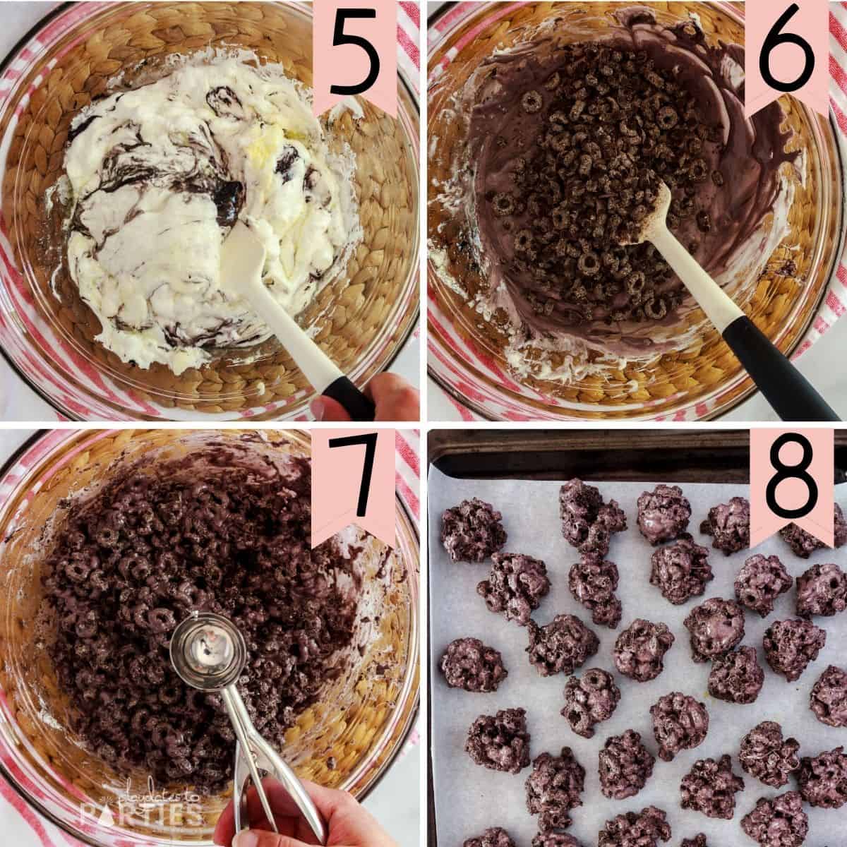 steps 5-8: mixing melted marshmallows, combining marshmallows with the crushed cereal, scooping the cereal mixture, and lumps of coal treats cooling on a tray