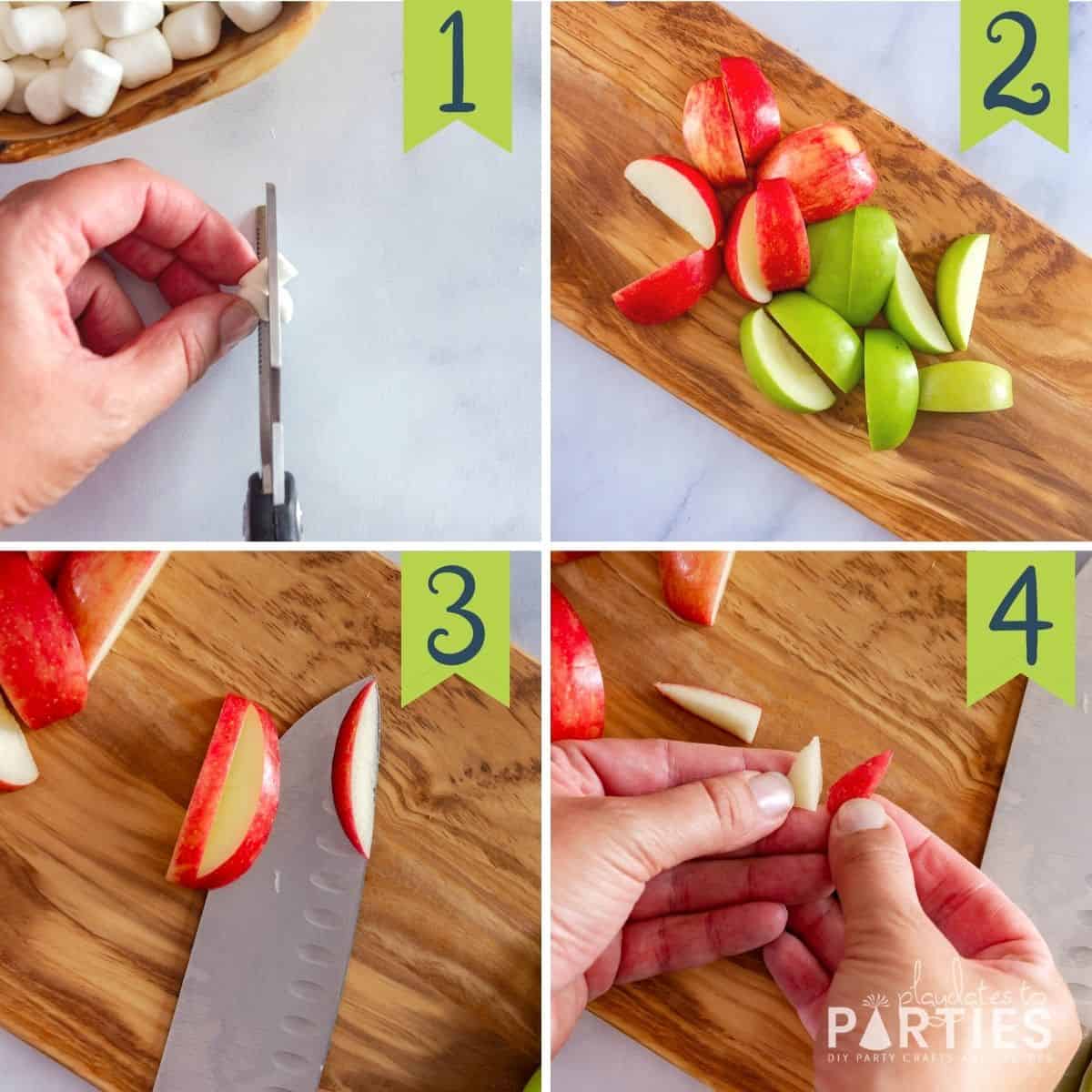 steps 1-4 for making monster apple teeth: preparing the marshmallows, slicing the apples, and cutting the mouth out of each wedge