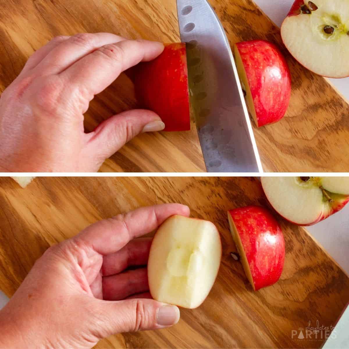 collage showing how to cut an apple wedge so it sits flat on the cutting board