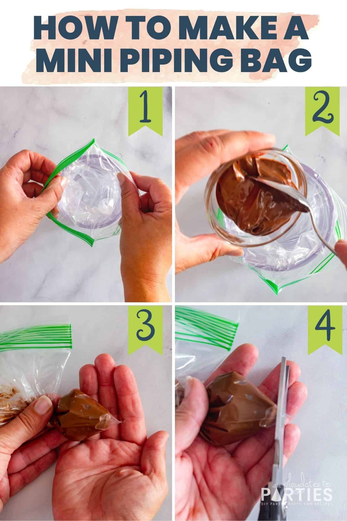 Collage of four steps detailing how to use a ziplock bag as a mini piping bag.