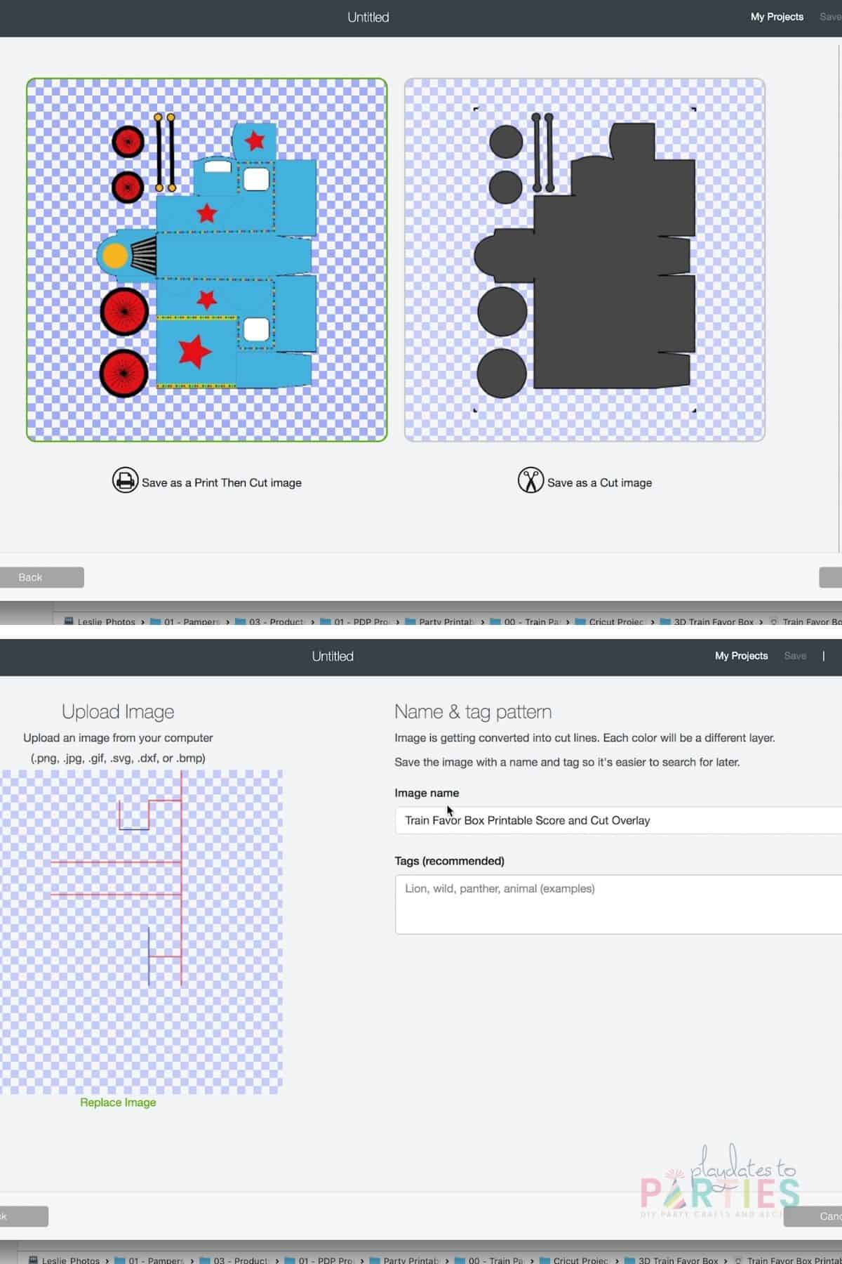 collage showing the upload screens in Cricut Design Space for a Print then Cut and an SVG file