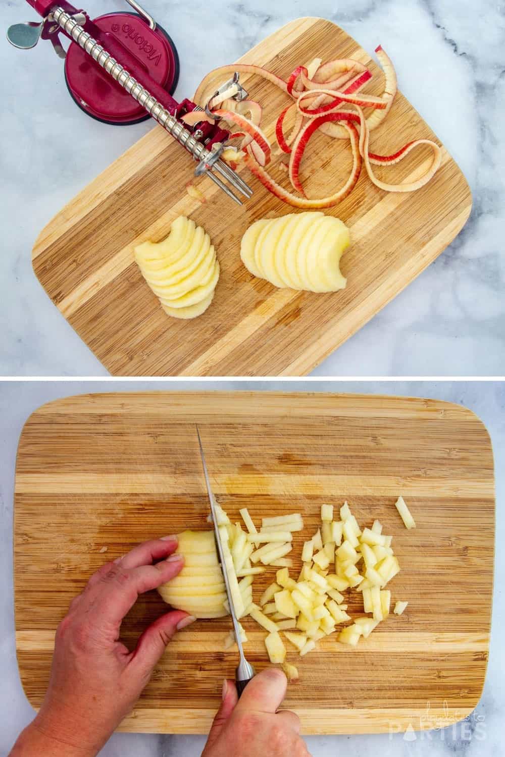 Using an apple peeler and corer to chop apples into very small chunks.