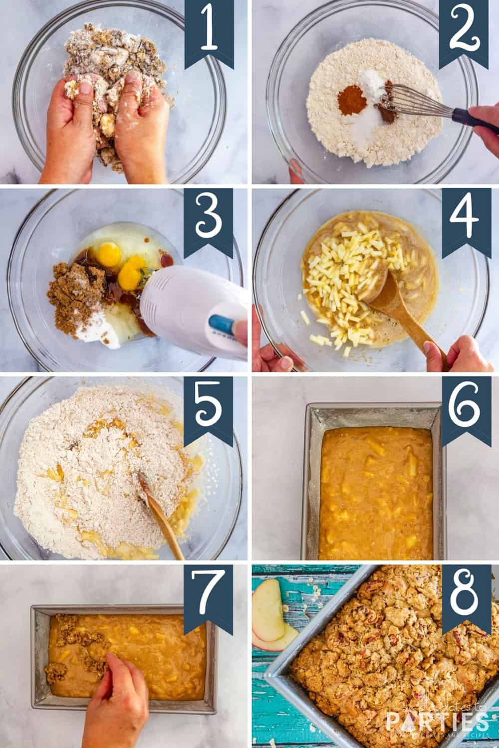 steps 1-8 for making apple bread with streusel topping
