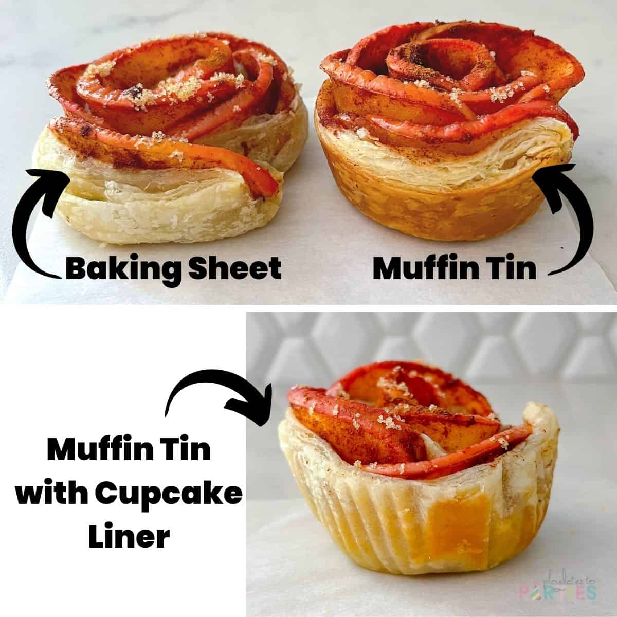 collage showing how apple roses bake on a baking sheet, in a muffin tin, and in a muffin tin with a cupcake liner