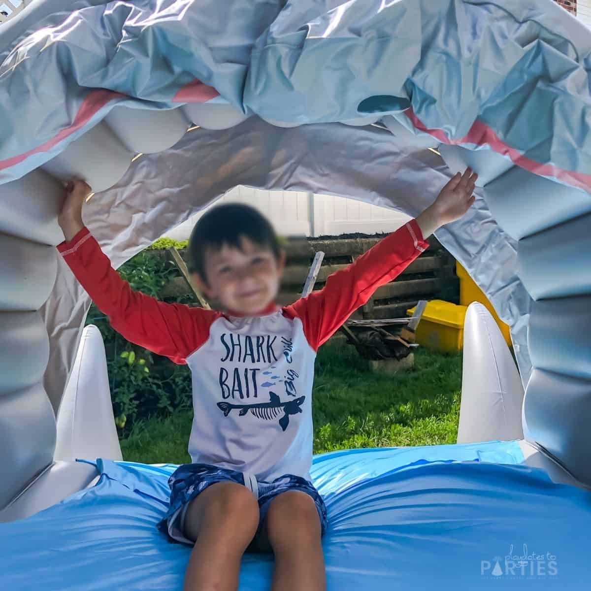 image of a happy boy sitting on top of an inflatable waterslide