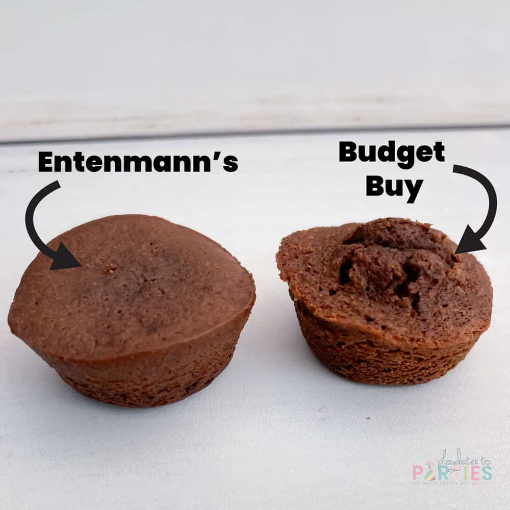 A comparison of an Entenmann's Little Bite brownie and a budget version.