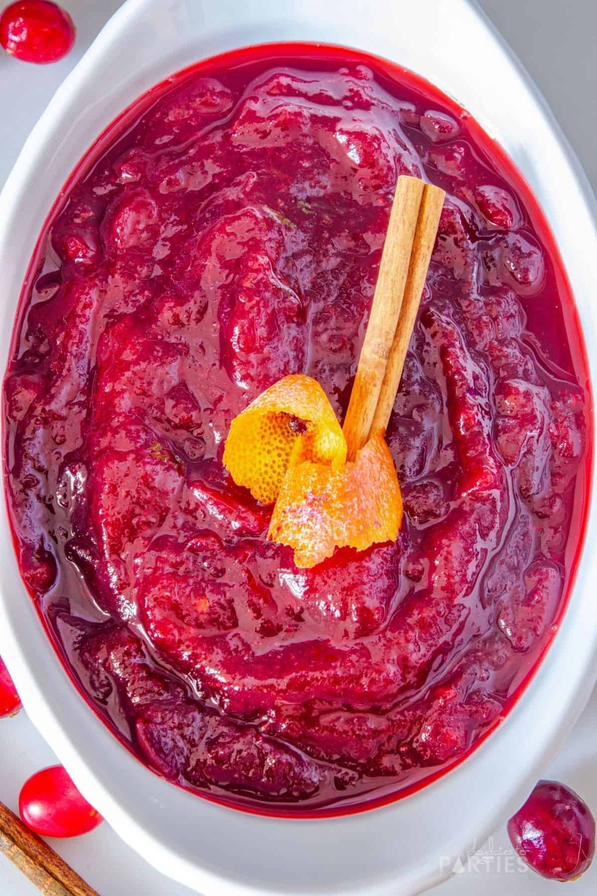 Overhead view of a bowl of homemade cranberry sauce.