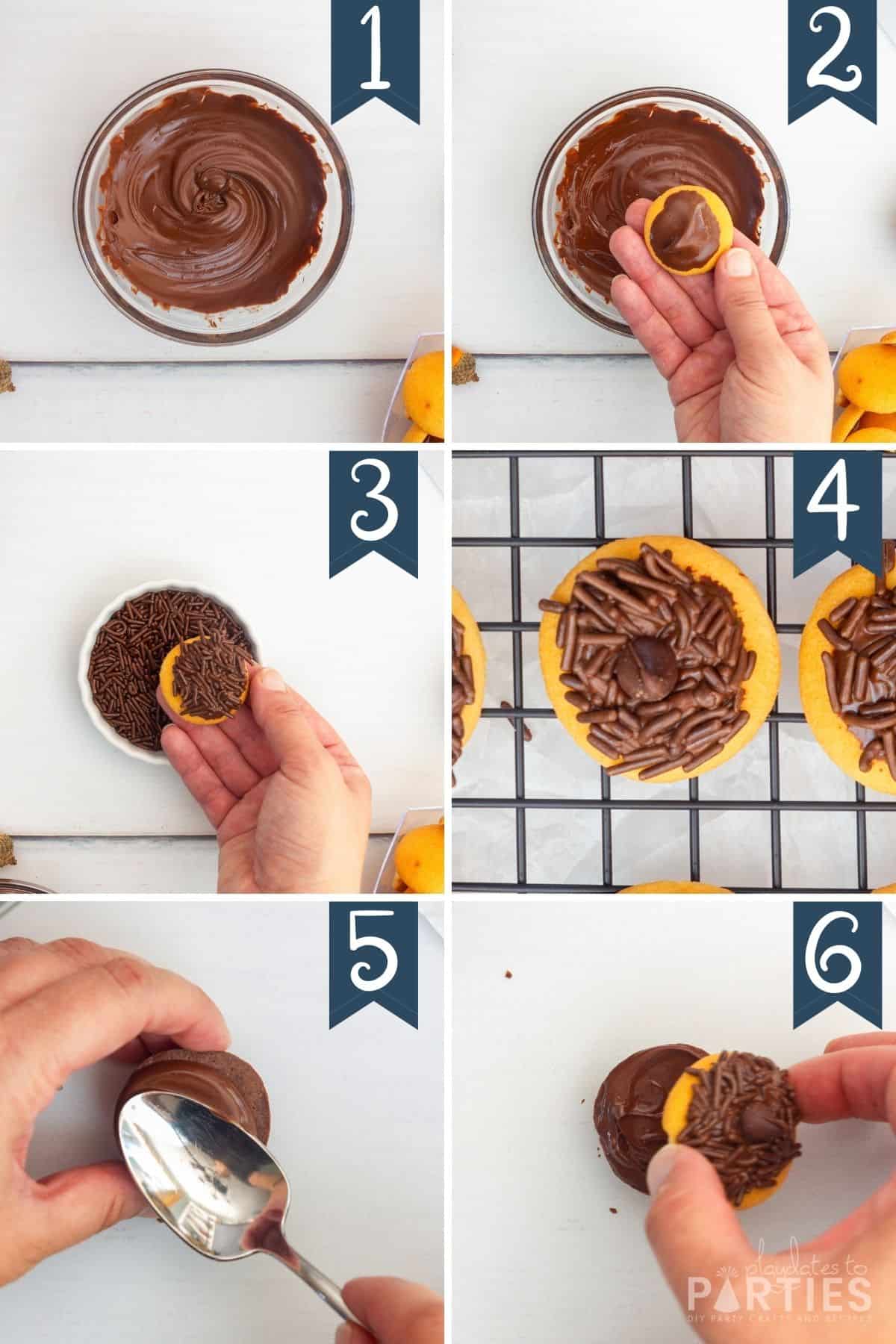 Steps 1-6 showing how to make acorn treats with nilla wafers and brownie bites.