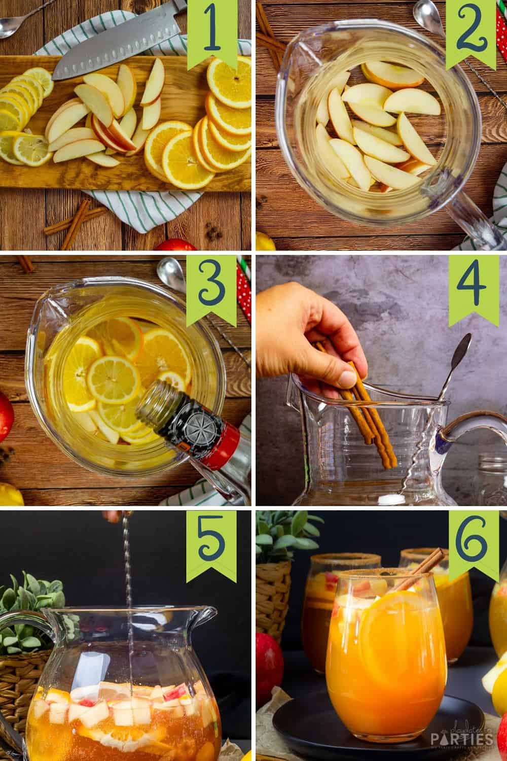 Steps 1-6 for How to make apple cider sangria.