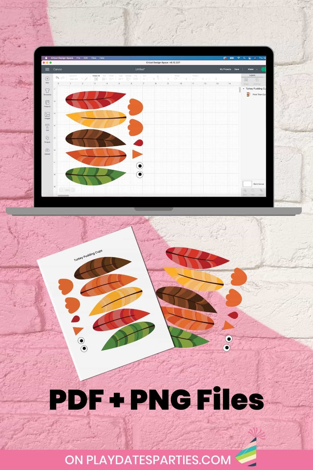 Mockup of printable files, including a design loaded into Cricut design space.