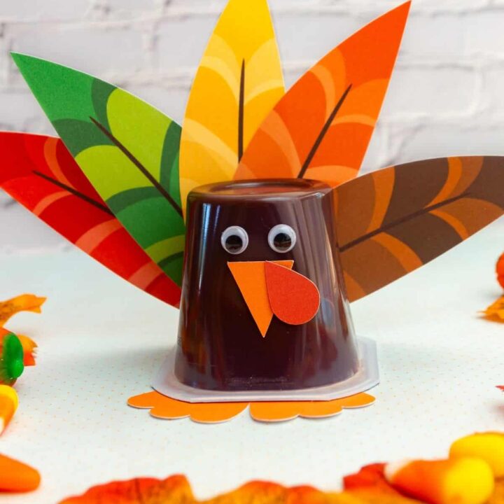 A completed turkey pudding cup in front of a white brick wall.