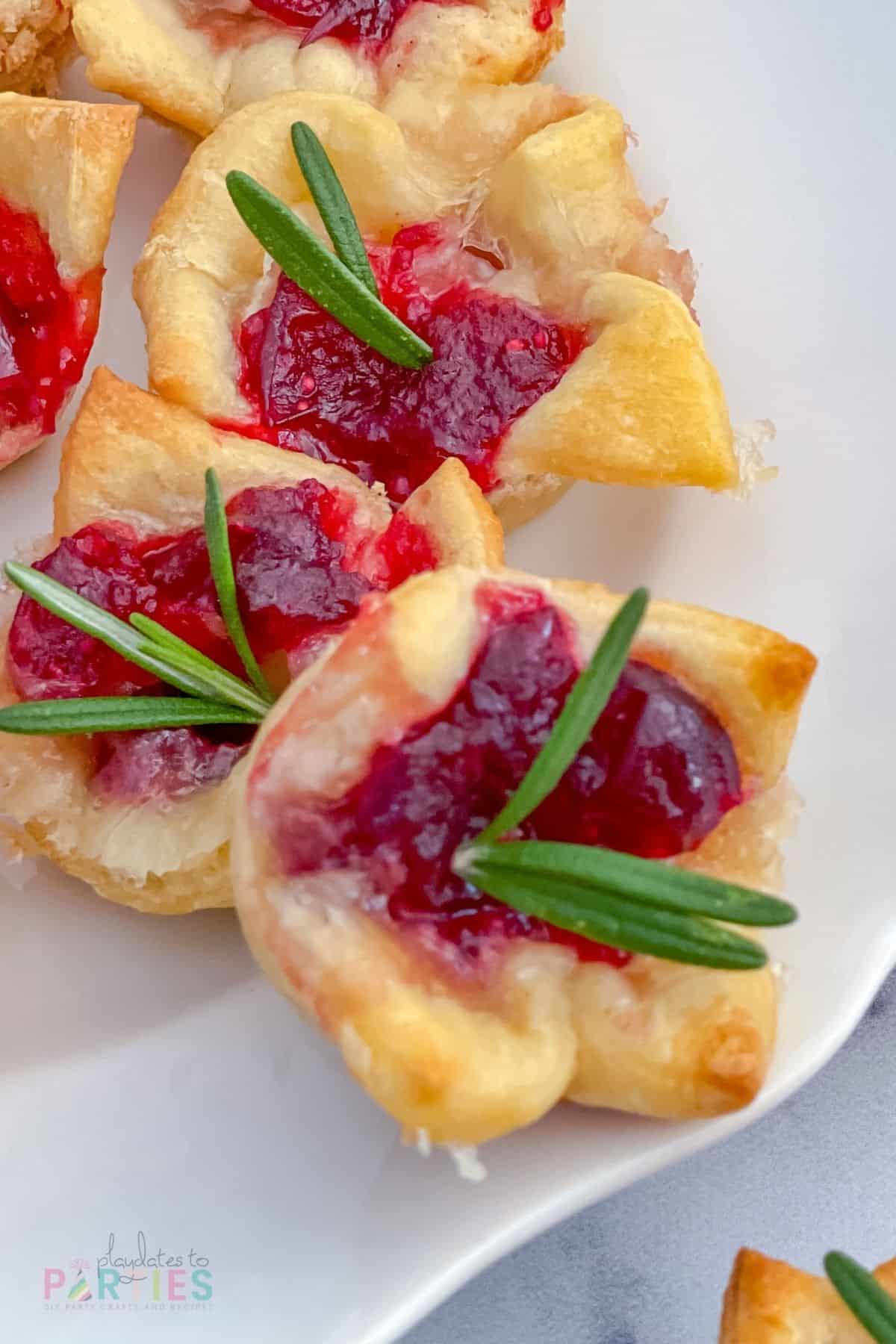 Close up view of bite sized appetizers on a plate.