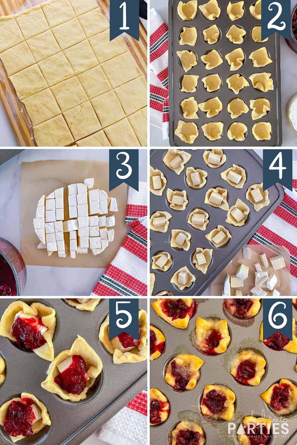 Steps 1 through 6 for how to make cranberry brie bites appetizers.