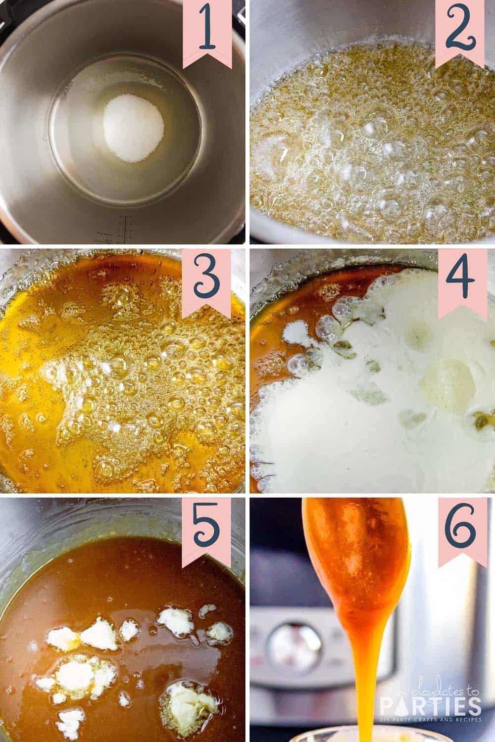 Collage of steps 1-6 for how to make homemade caramel sauce in the Instant Pot.