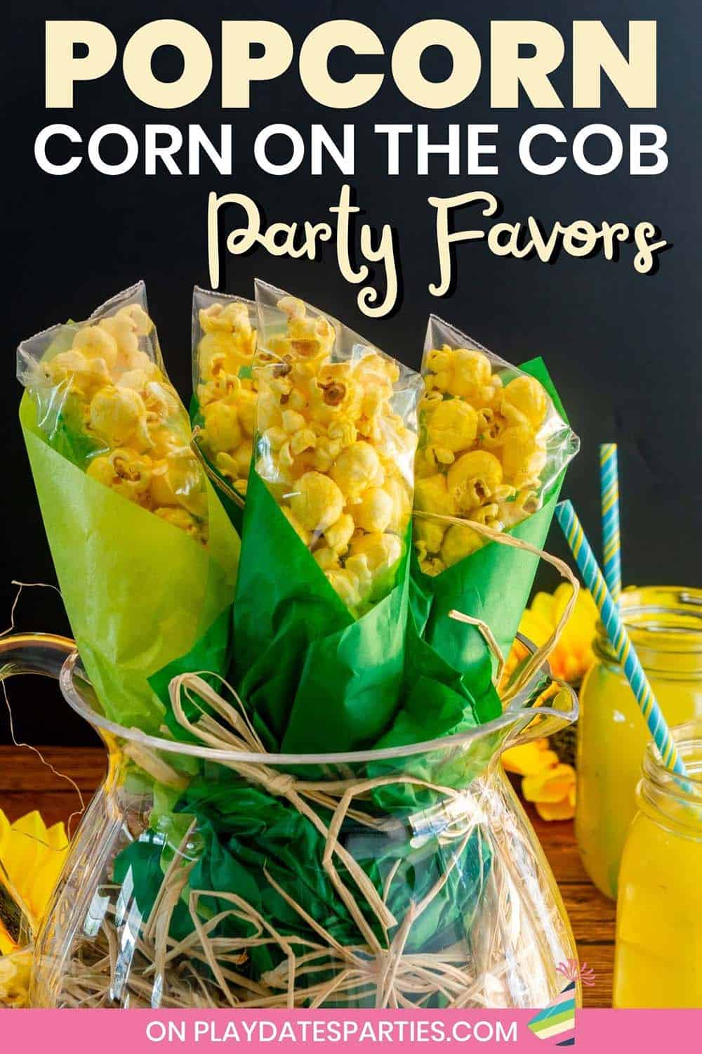 Butter popcorn wrapped in green tissue in a pitcher with text overlay Popcorn Corn on the Cob Party Favors.