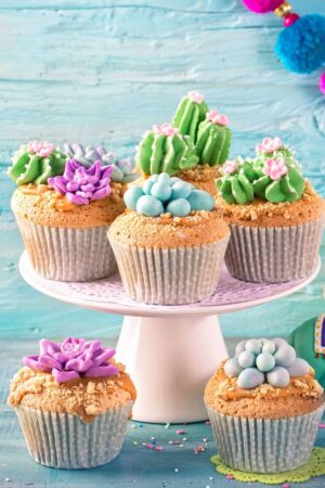 Cupcakes for a birthday party decorated to look like succulents and cacti.