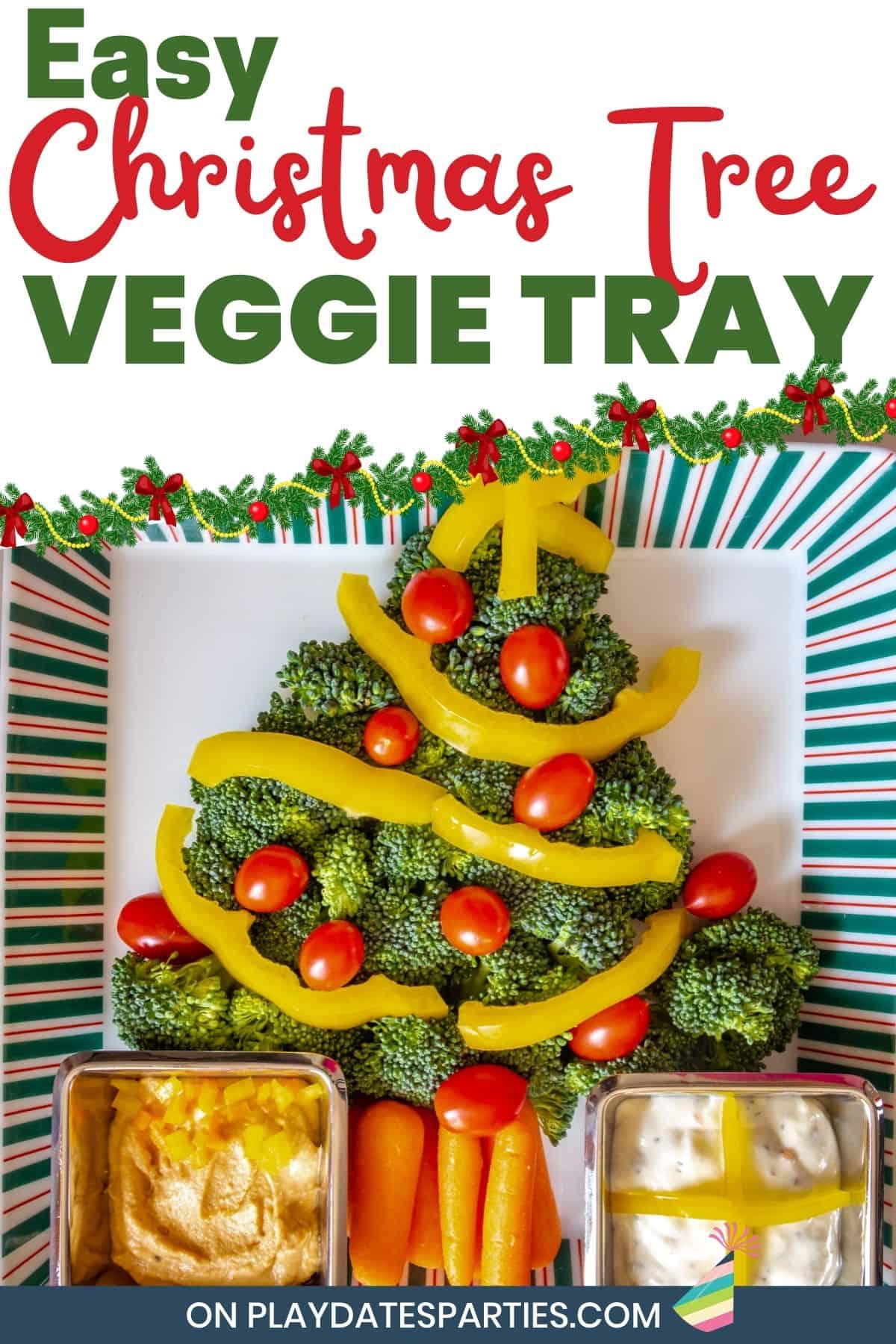 Vegetable appetizer tray shaped like a Christmas tree.