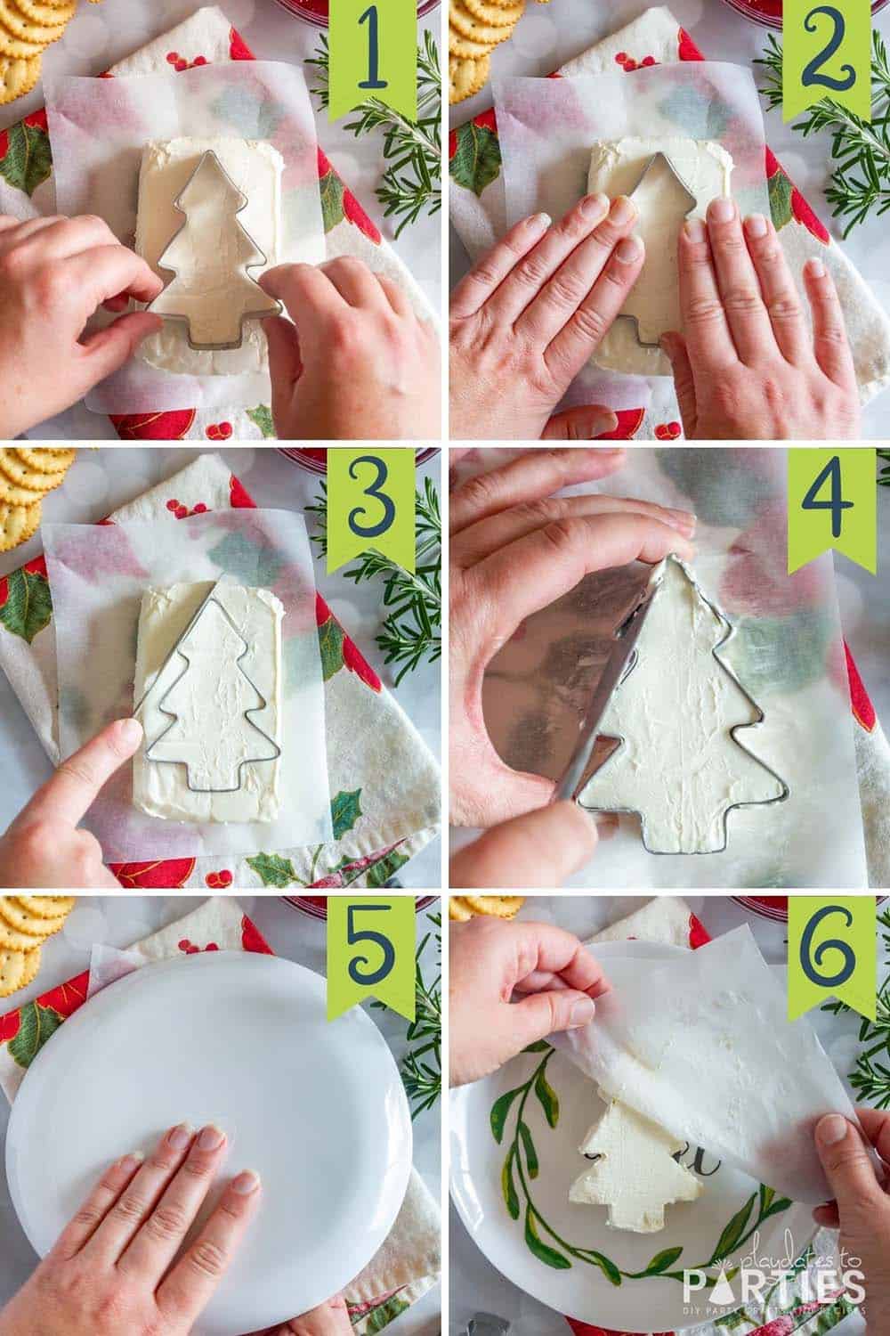 Steps 1-6 showing how to cut a Christmas tree from a brick of cream cheese and transfer it to a plate.