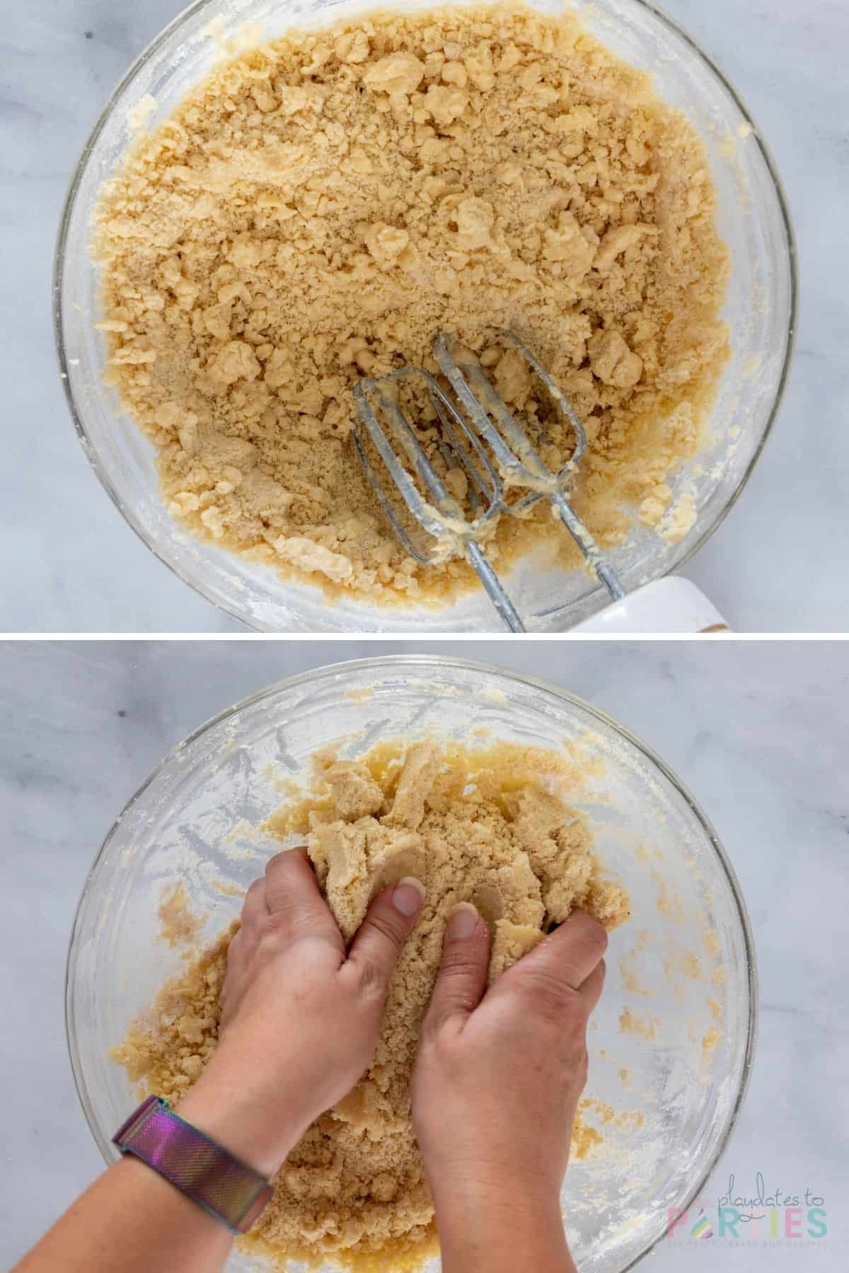 Collage showing how to knead a crumbly dough together.