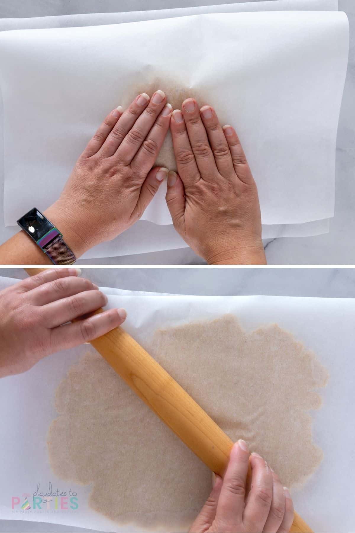 Collage demonstrating how to roll cookie dough between two sheets of parchment without extra flour.
