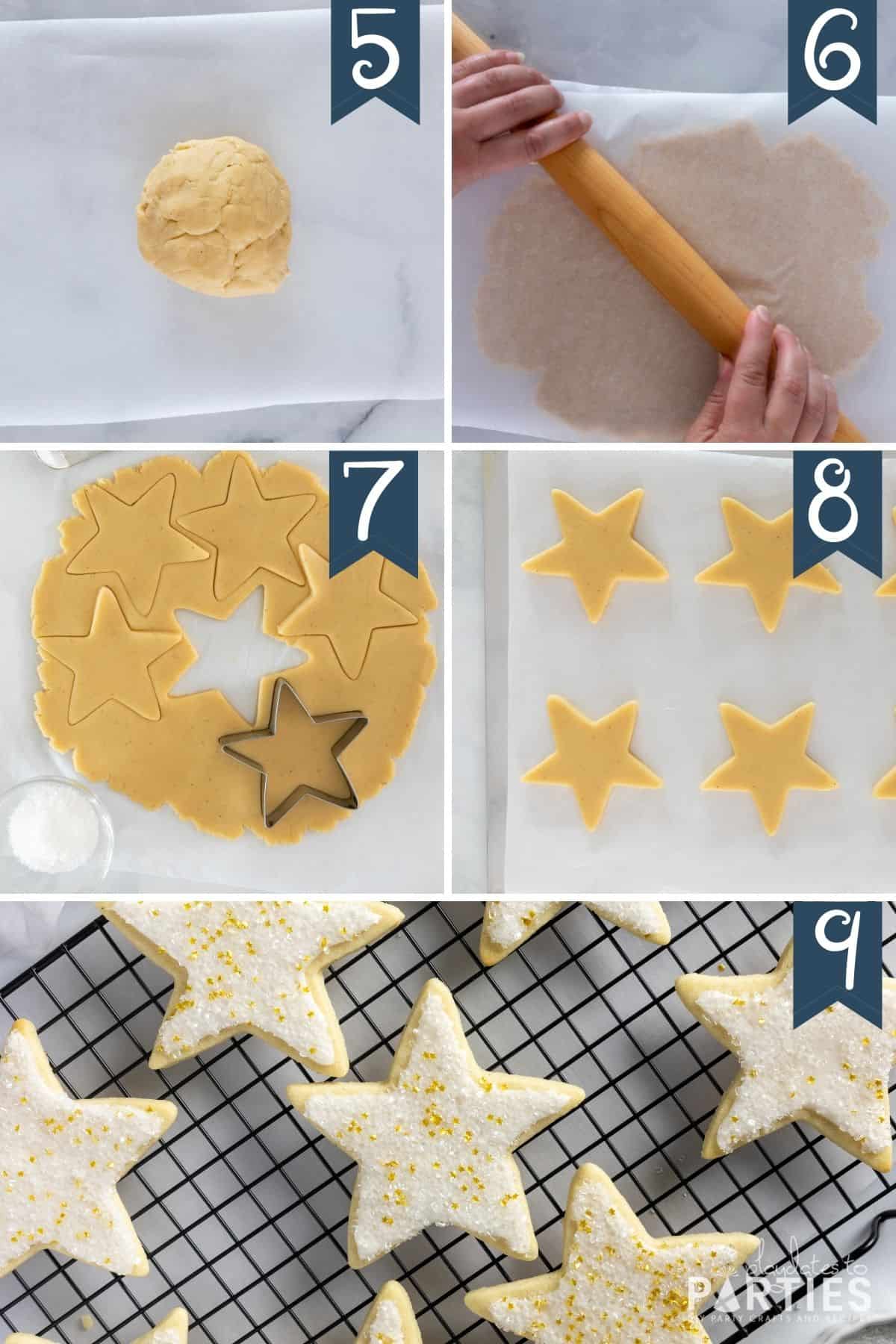Collage of steps 5-9 for how to make cut out sugar cookies.