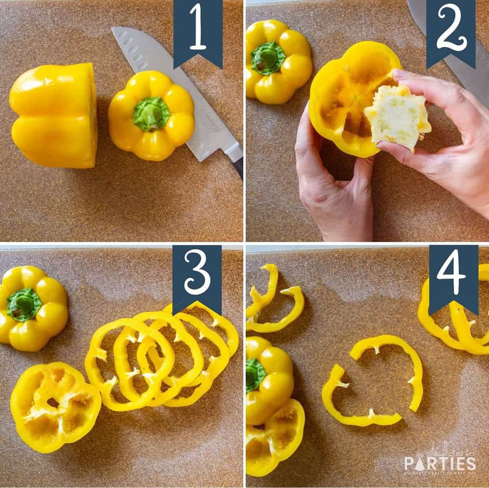 Steps 1-4 showing how to cut a yellow bell pepper into narrow strips.
