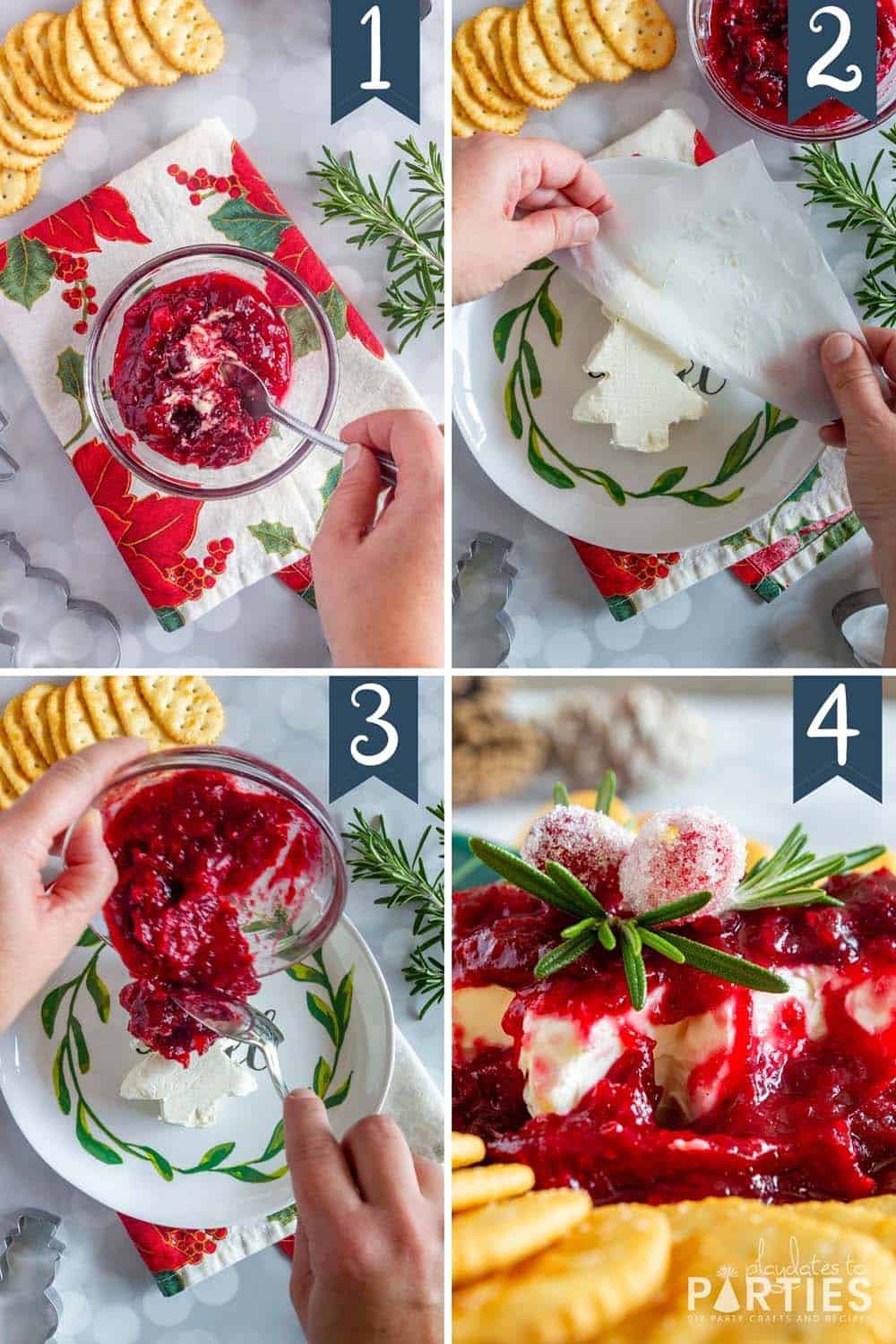 Steps 1 to 4 showing how to assemble cranberry cream cheese dip.