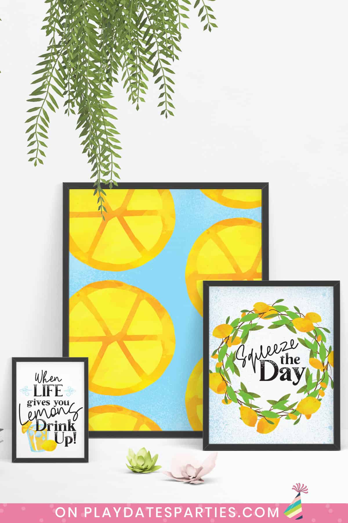 Three framed lemon art prints: one says squeeze the day, one print says when life gives you lemons, and one print is a lemon pattern.