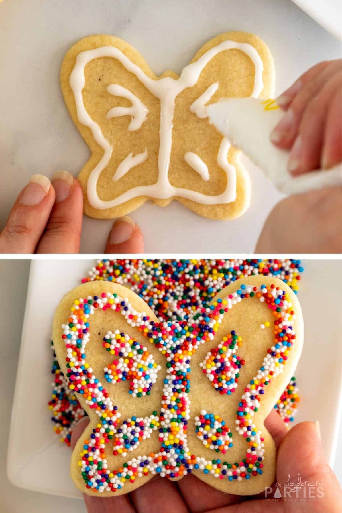 Collage of two photos showing how to decorate sugar cookies with icing and sprinkles.