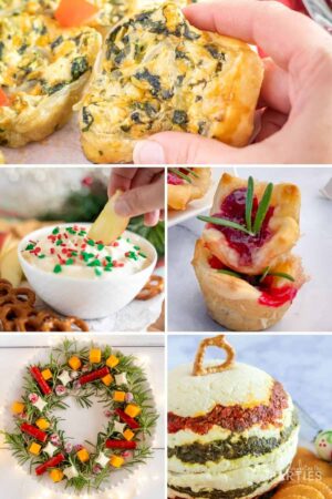 Collage of festive Christmas appetizers.