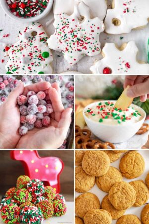 Collage of holiday treats - truffles, cookies, dips, and candied cranberries.