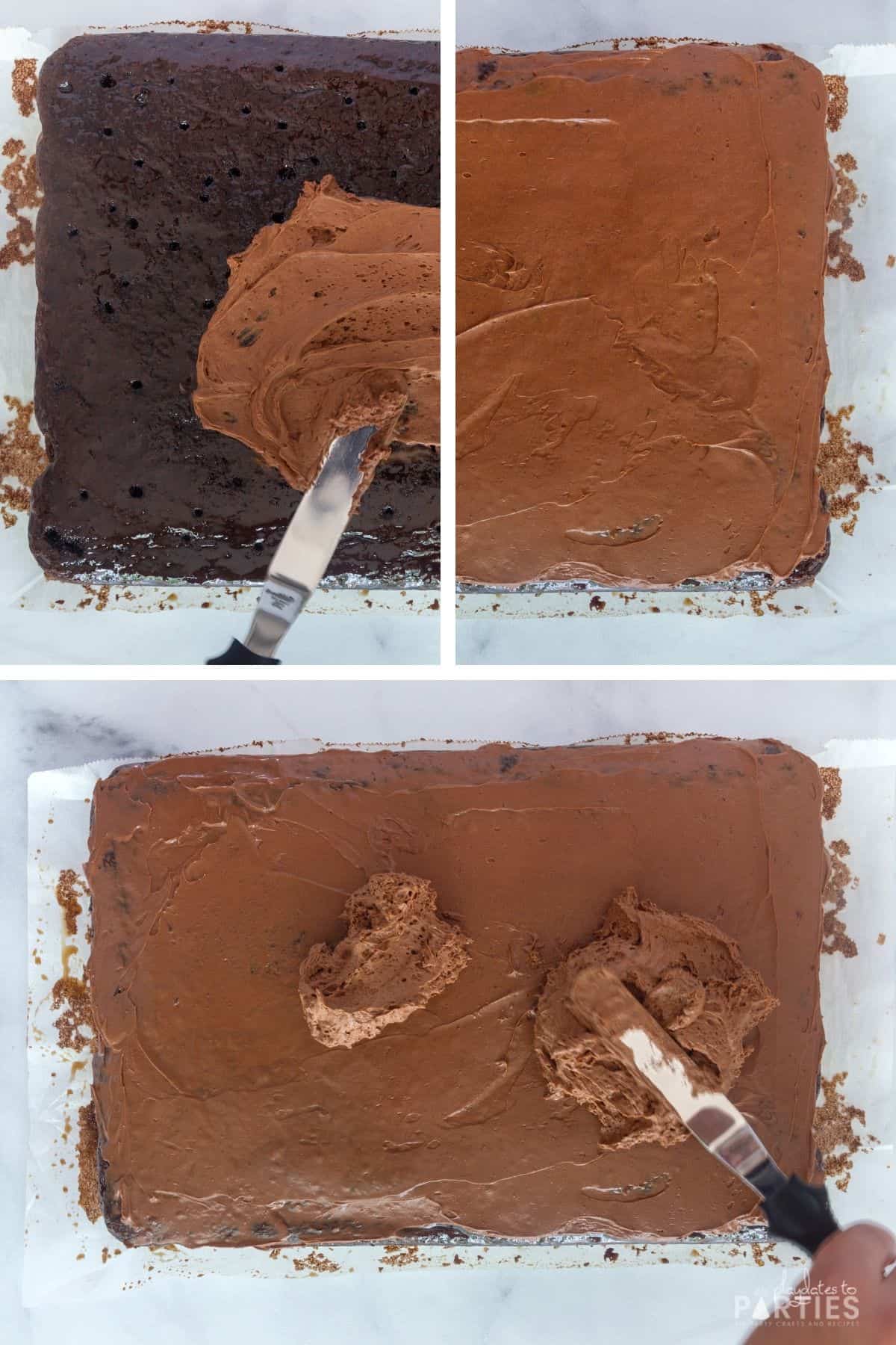 Adding frosting to a chocolate sheet cake with an offset spatula.