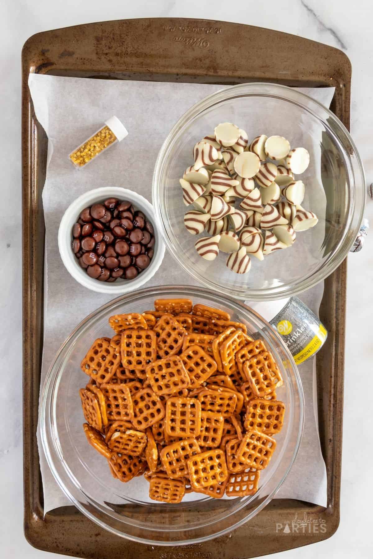 Ingredients for chocolate covered pretzel bites.