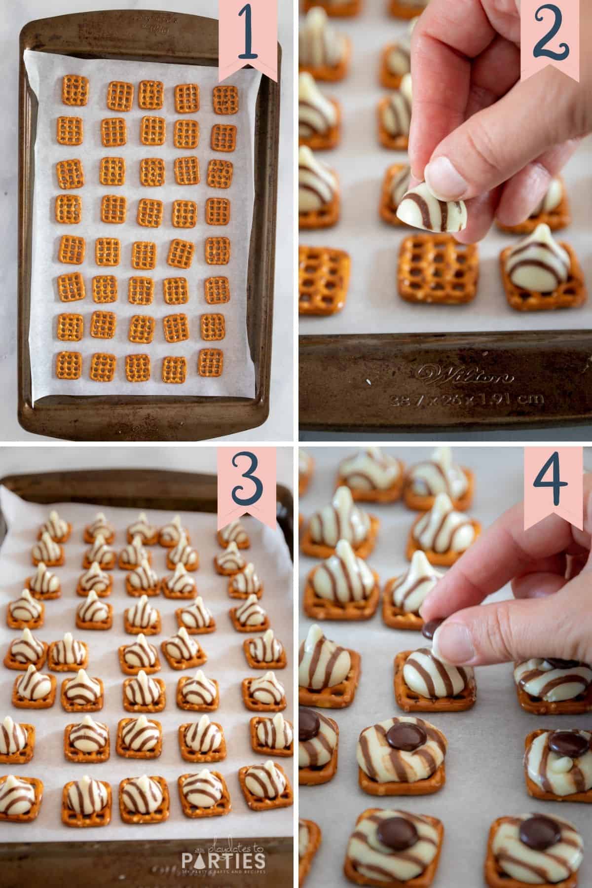 Step by step collage how to make Hershey's pretzel bites.