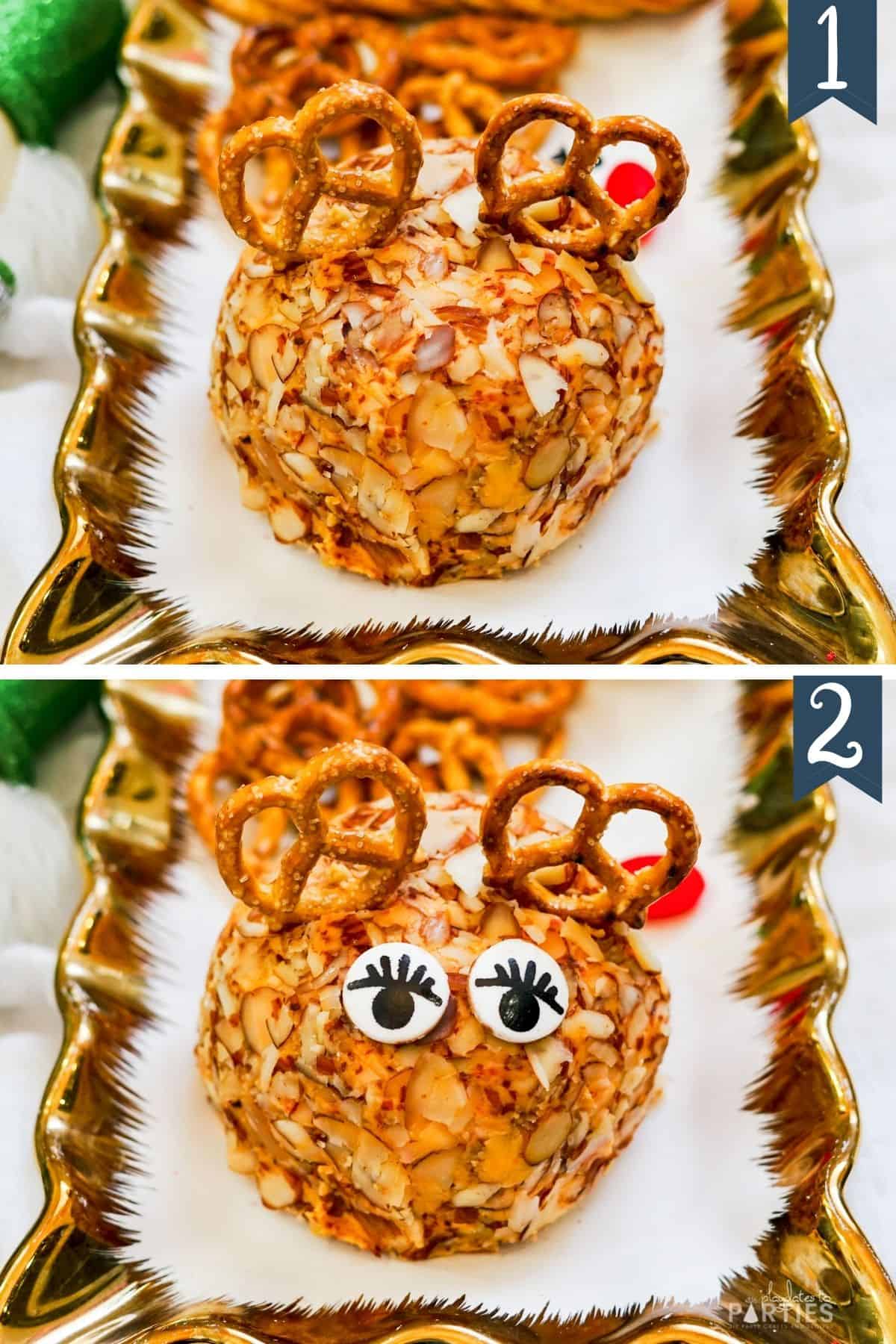 Adding pretzels and candy eyes to a cheese ball.