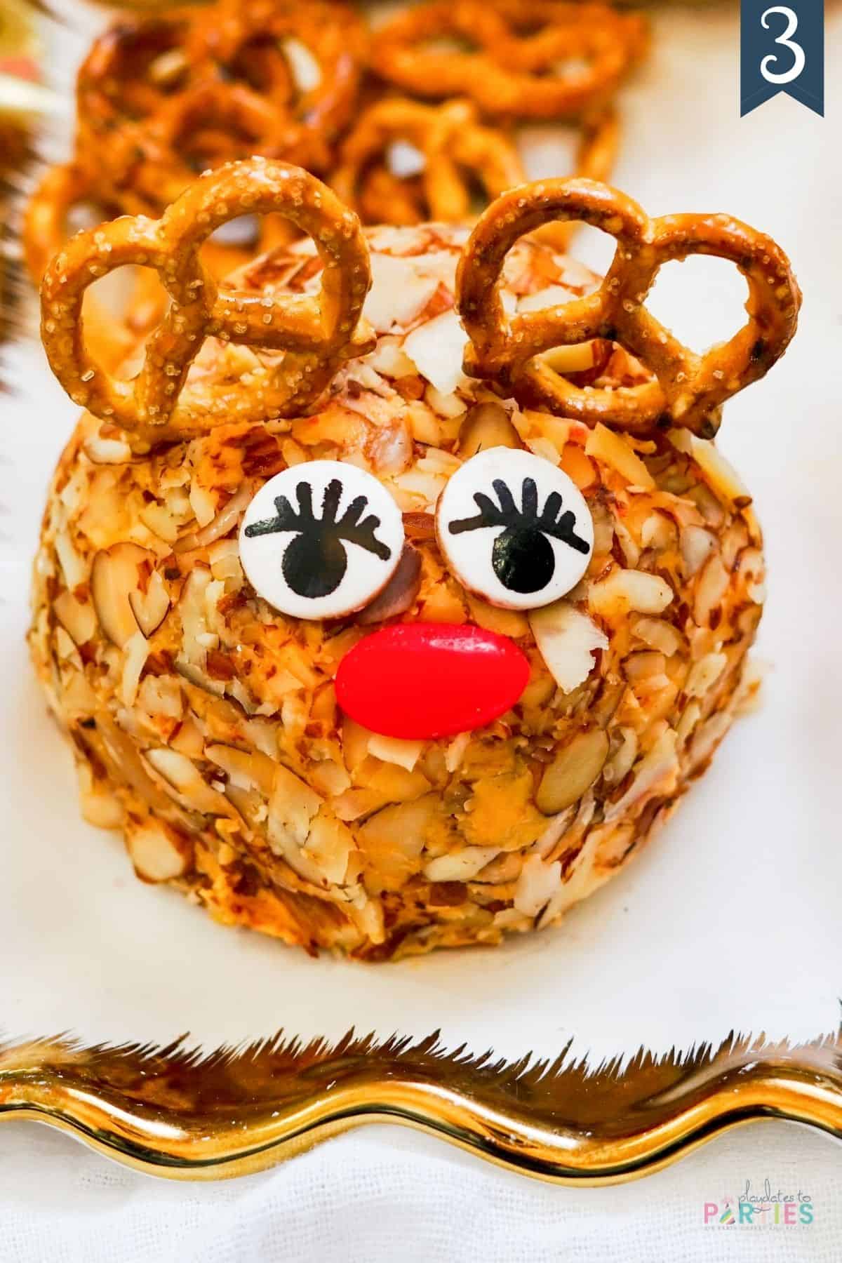 Close up of finished Reindeer cheese ball.