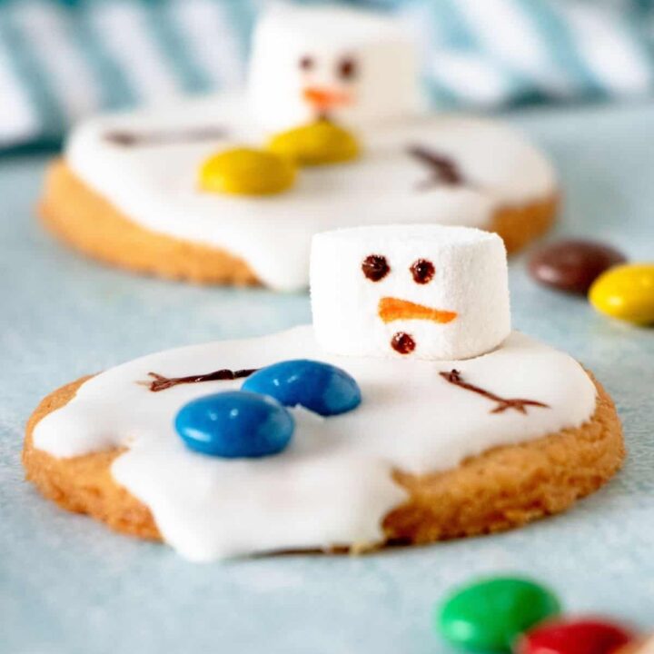 Close up view of a cookie decorated with white icing, blue M&Ms, and a marshmallow.
