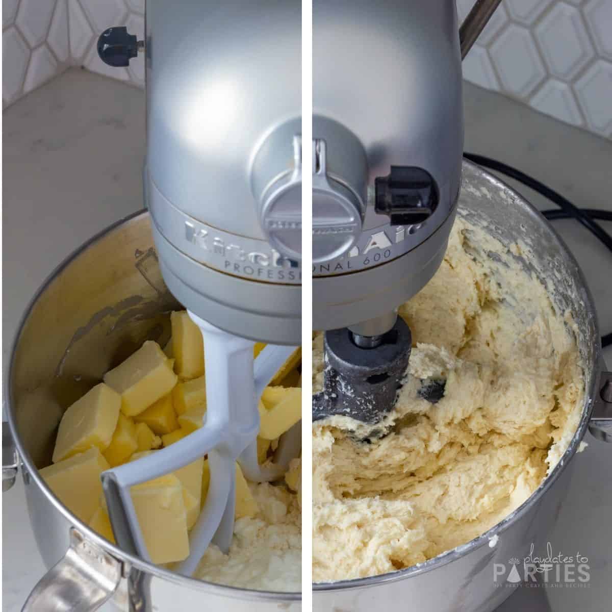 Mixing cookie dough in a stand mixer.
