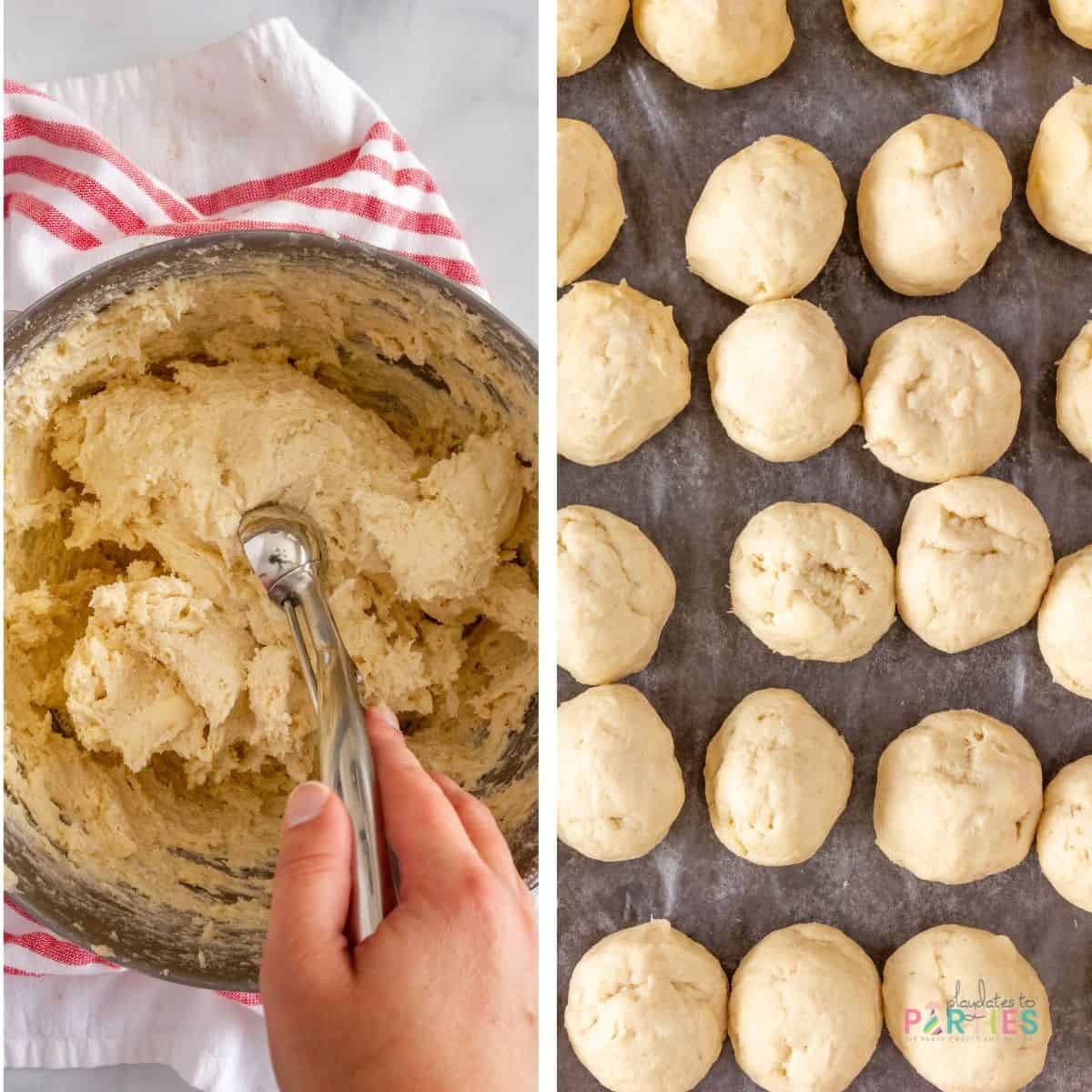 Scooping cottage cheese cookie dough into balls.