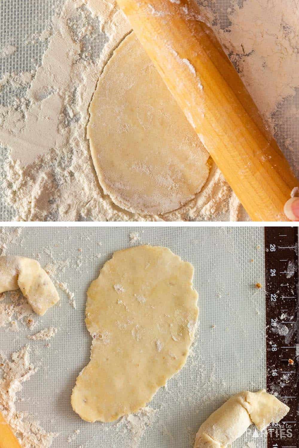 Rolling cookie dough into an oval shape.